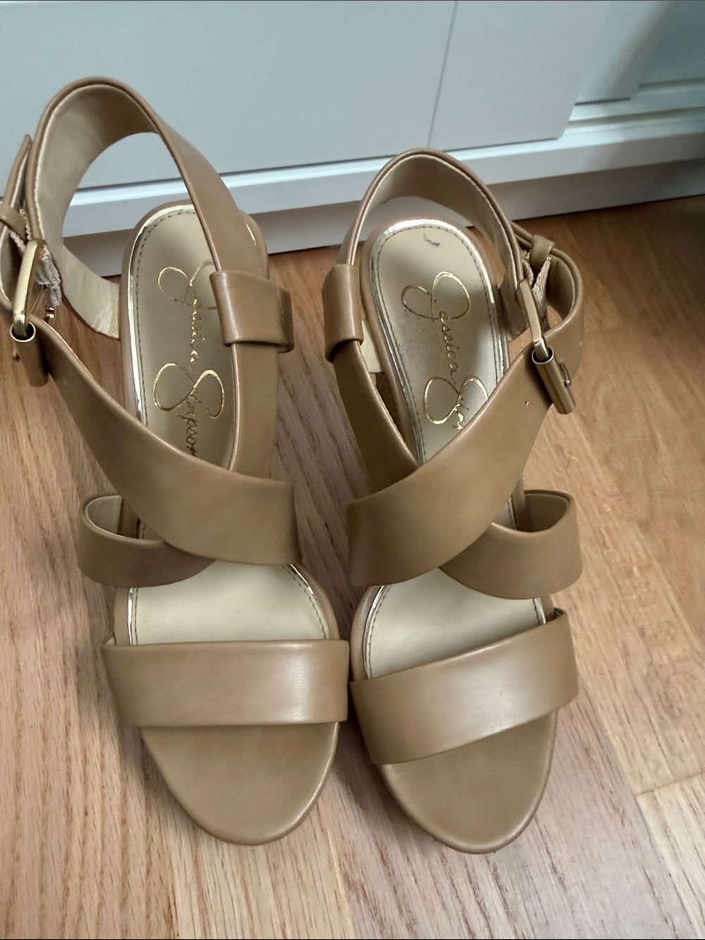Jessica Simpson Tan Cross-Strap Wedge Sandals